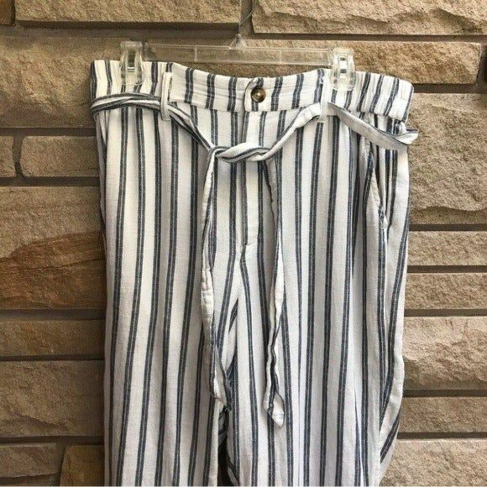 American Eagle Straight Leg Belted Elastic Waist Pants White Blue Stripe Large - Picture 8 of 8